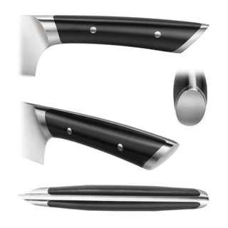 
                    
                      Black handle of a 6-inch meat cleaver with stainless steel bolsters and rivets, shown from multiple angles.
                    
                  