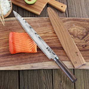 
                  
                    Load image into Gallery viewer, J Series 12-Inch Sashimi Chef Knife with Walnut Sheath, Forged X-7 Damascus Steel, 1020106
                  
                