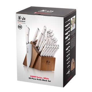 
                    
                      20-piece knife block set with white handles in a wooden acacia block, including chef, utility, and paring knives.
                    
                  