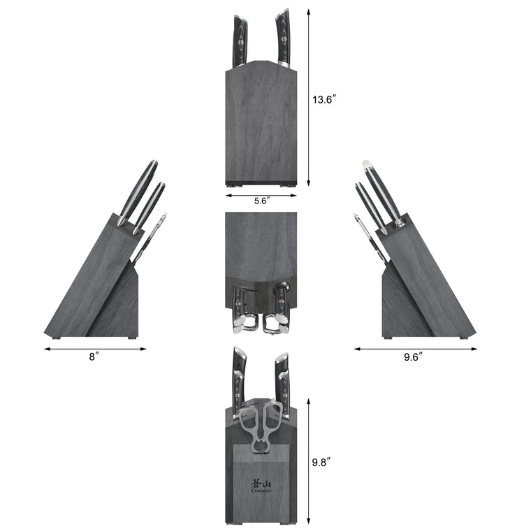 Knife block set with six knives and scissors, shown from multiple angles with dimensions.