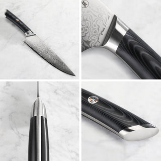 
                    
                      High carbon Damascus steel chef knife with black ergonomic handle and stainless steel bolster and end cap.
                    
                  