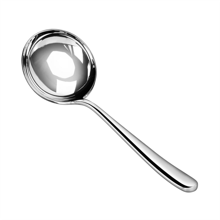 Soup ladle with a deep, round bowl and a long, smooth handle in polished stainless steel.