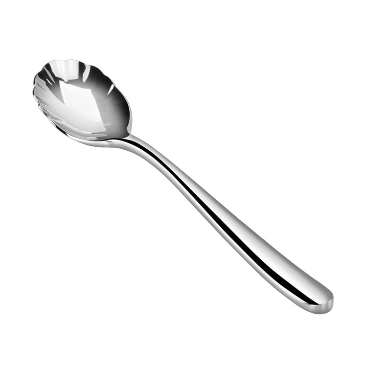 Single forged stainless steel sugar spoon with a mirror finish and scalloped bowl edge.