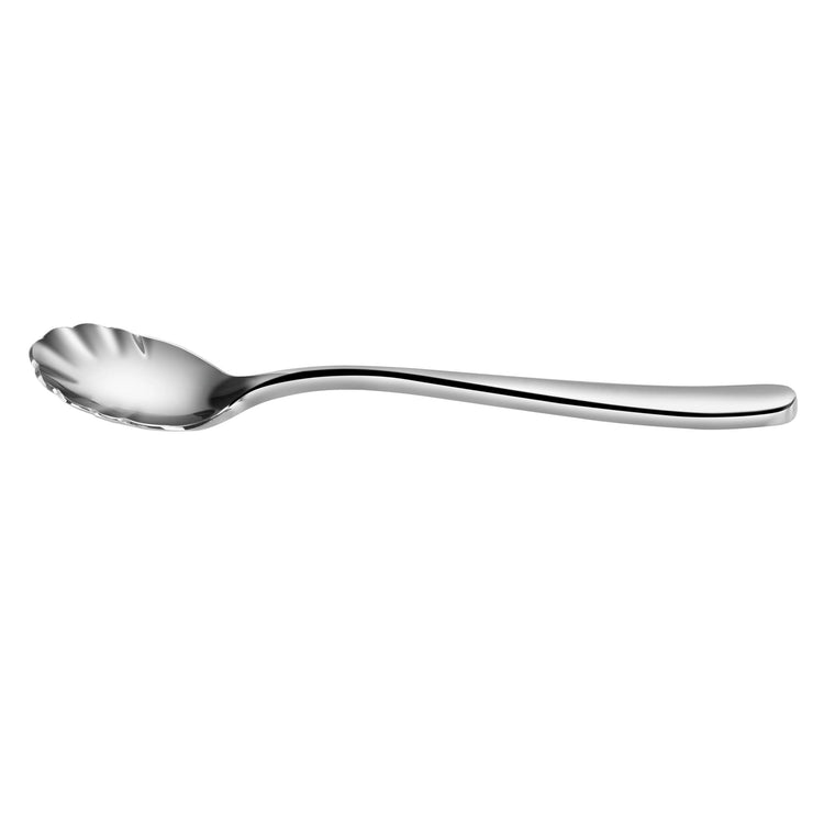 Single forged stainless steel sugar spoon with a scalloped bowl and mirror finish.