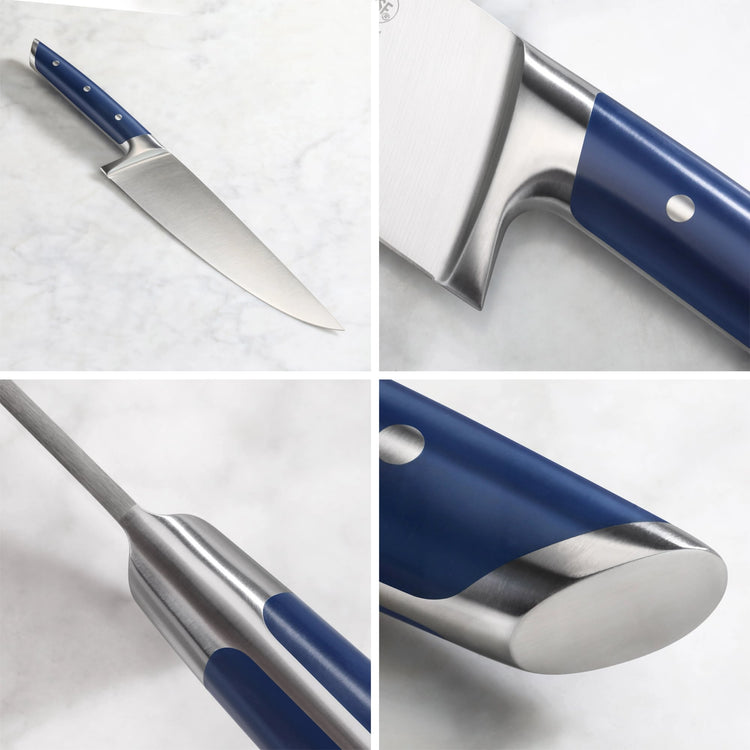 Chef knife with a stainless steel blade and blue handle, shown from multiple close-up angles.