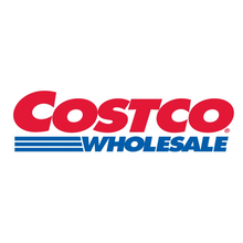 Costco Wholesale logo in red and blue on a black background.