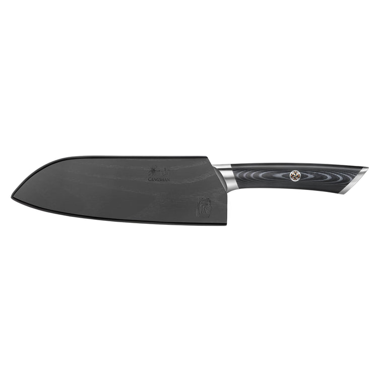 7-inch Santoku knife with black blade and ergonomic dark handle featuring a circular emblem near the bolster