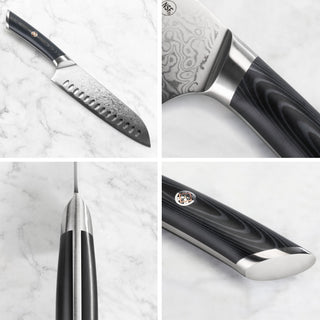 
                    
                      7-inch Santoku knife with black handle, Damascus steel blade, and detailed close-ups of blade, handle, and spine.
                    
                  
