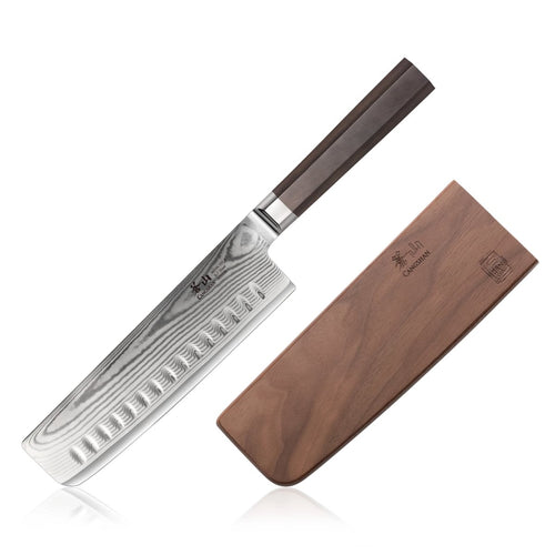 MAYA Series 7-Inch Nakiri Knife X-7 Damascus Steel with dark wood handle and matching wooden sheath.