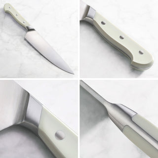 
                    
                      Close-up views of a white-handled kitchen knife showing the blade, handle, rivets, and bolster details.
                    
                  