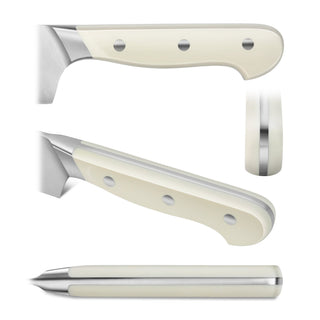 
                    
                      Close-up views of a knife handle with white riveted grip and stainless steel tang from the APERTIVO Series 8-Piece Knife Bloc
                    
                  