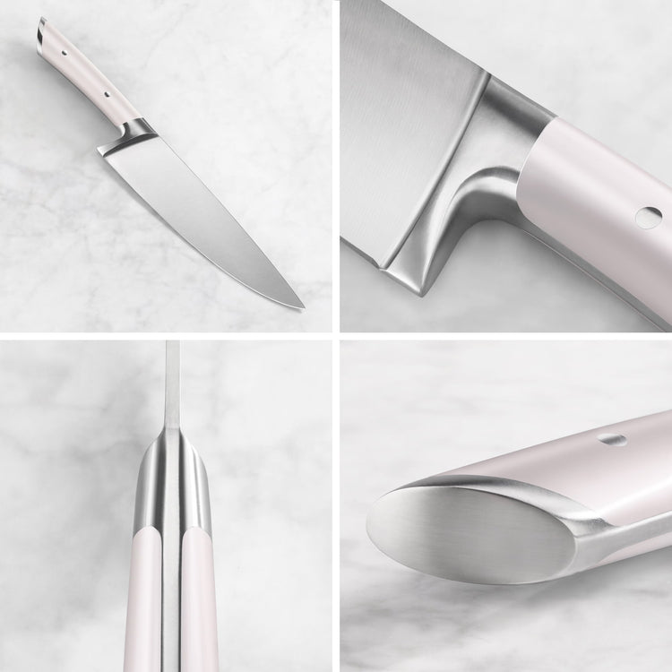 Close-up views of a kitchen knife showing the blade, handle, bolster, and end cap details.