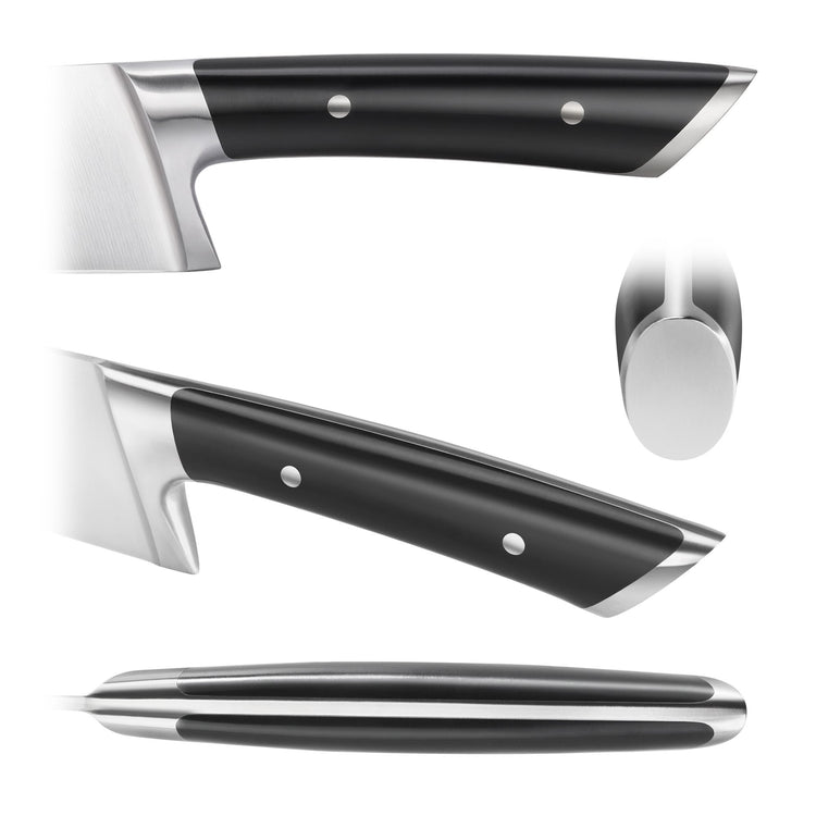 Close-up views of a knife handle showing black grip with two rivets and stainless steel bolster and end cap.