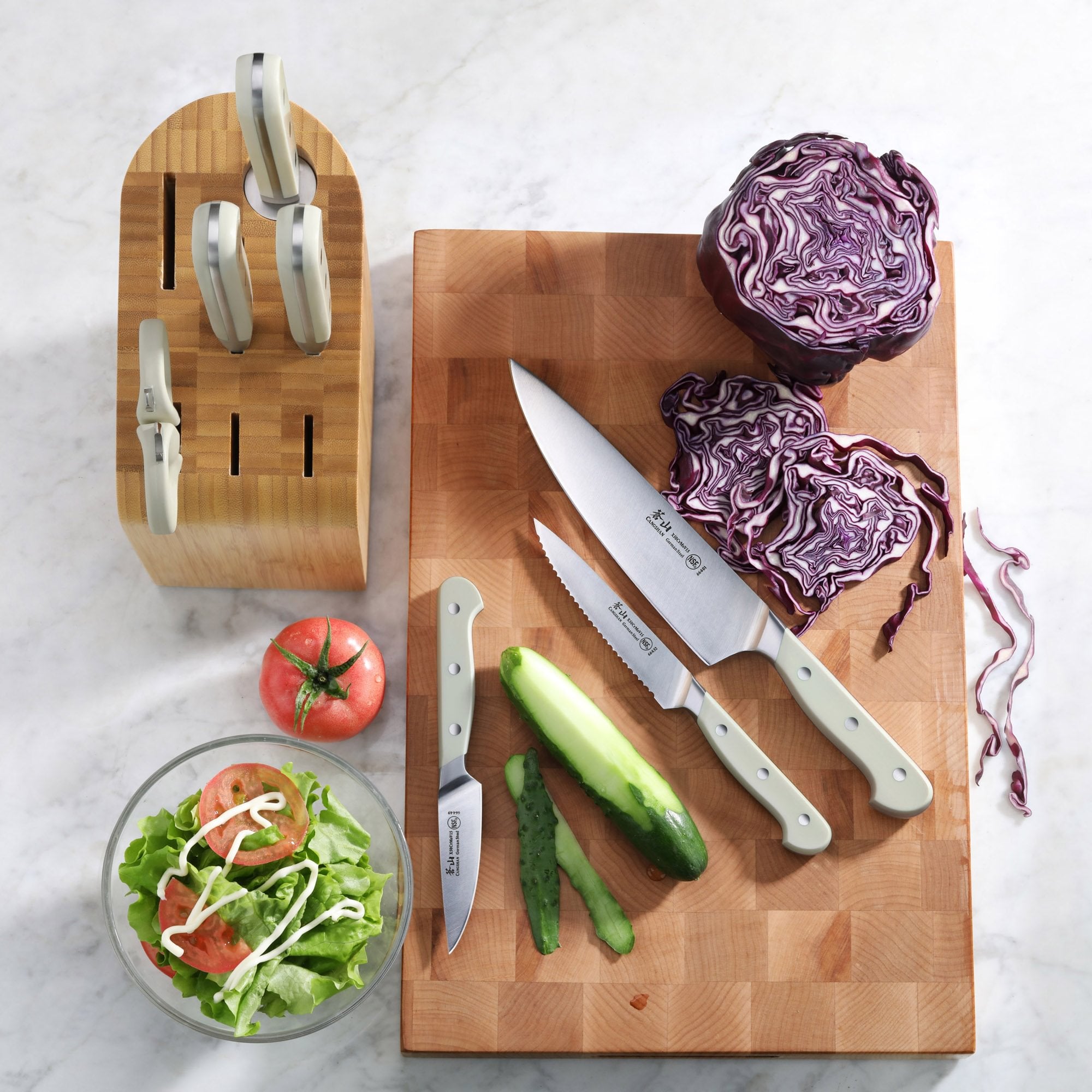 APERTIVO Series 8-Piece Knife Block Set German Steel, Bamboo Block (White), 1026849