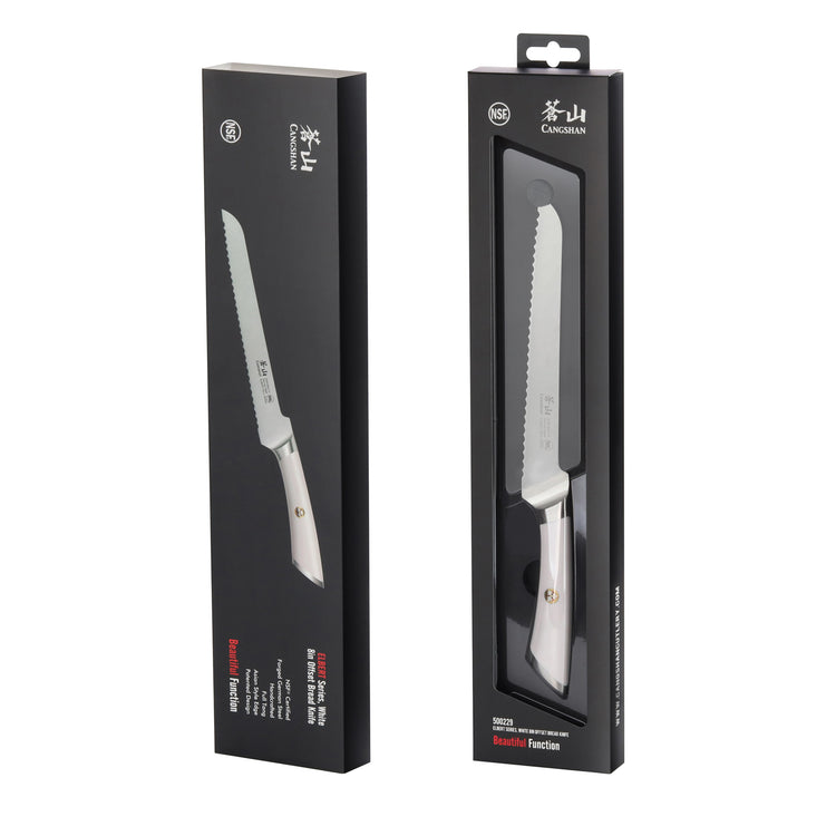 ELBERT Series 8-inch offset bread knife with serrated blade and white handle in black retail packaging.