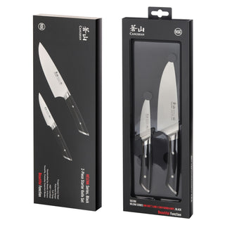 
                    
                      Two-piece starter knife set with black handles and stainless steel blades in black retail packaging.
                    
                  