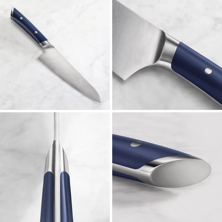 8-inch chef's knife with navy blue handle and stainless steel blade shown from multiple angles on marble surface