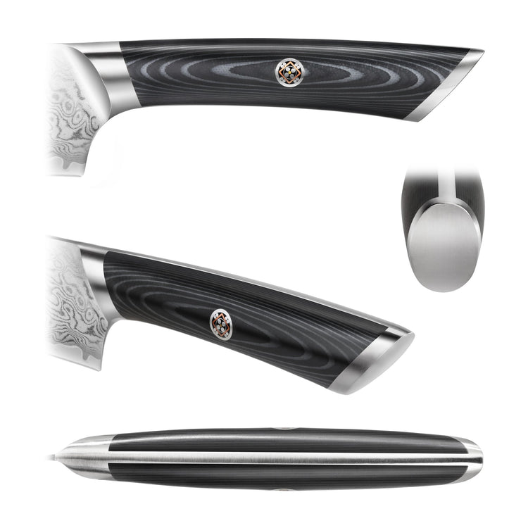 Close-up views of a black and silver knife handle with a decorative emblem and textured pattern.