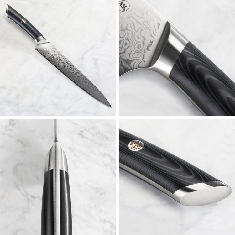 8-inch carving and sashimi knife with patterned Damascus steel blade and black ergonomic handle shown from multiple angles.