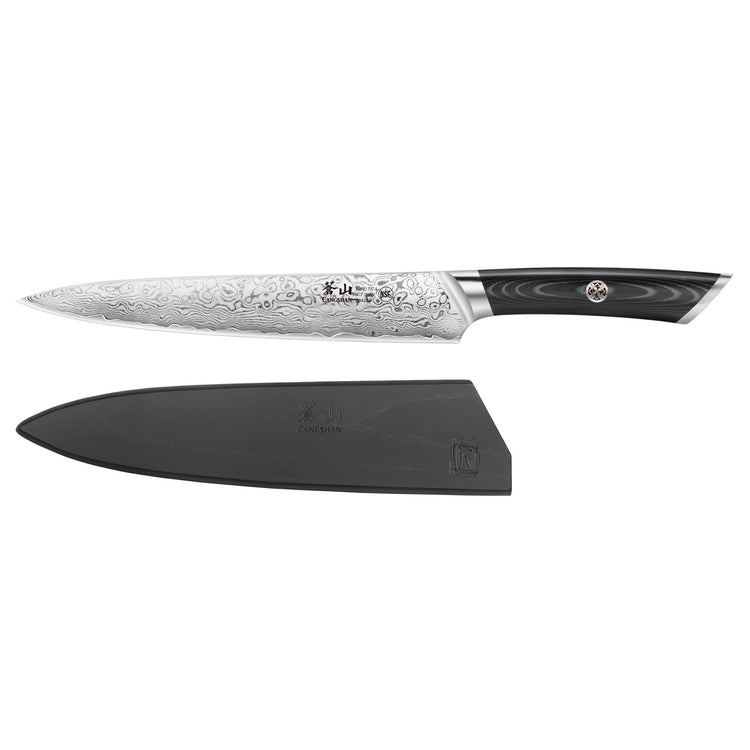 8-inch Damascus steel carving and sashimi knife with black handle and protective black sheath.