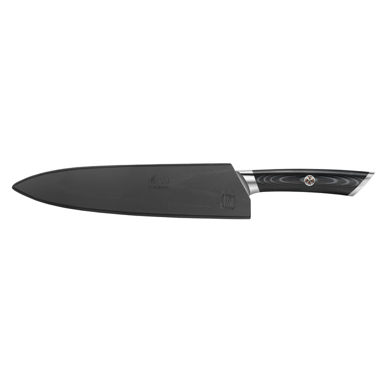 8-inch carving and sashimi knife with black blade cover and black handle with silver accents.