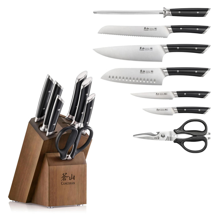 Knife block set with seven knives, kitchen scissors, and a wooden acacia block with black handles and stainless steel blades.