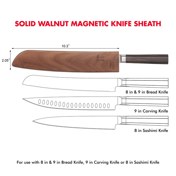 Walnut magnetic knife sheath measuring 10.3 by 2.05 inches, compatible with 8-9 inch bread, 9 inch carving, and 8 inch sashim