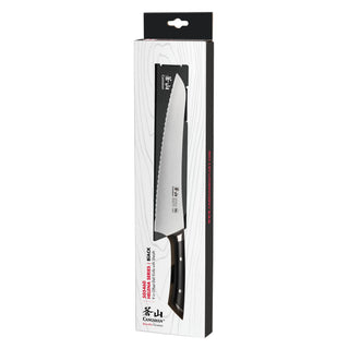 
                    
                      Black-handled 9-inch serrated deli knife with full tang, displayed in white and black packaging.
                    
                  