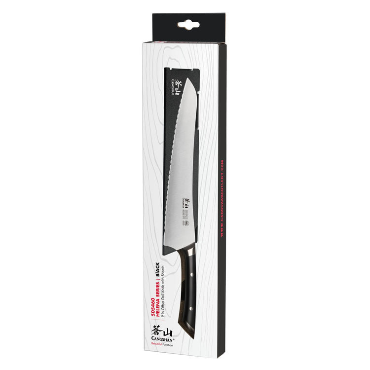Black-handled 9-inch serrated deli knife with full tang, displayed in white and black packaging.