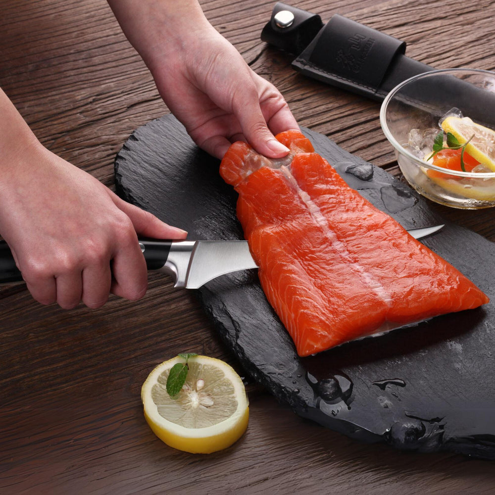 
                  
                    Load image into Gallery viewer, TS Series 7-Inch Fillet Knife with Leather Sheath, Forged Swedish 14C28N Steel, 1020458
                  
                