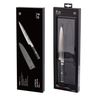 
                    
                      YARI Series 8-inch sashimi knife with black handle and sheath, displayed in black retail packaging.
                    
                  