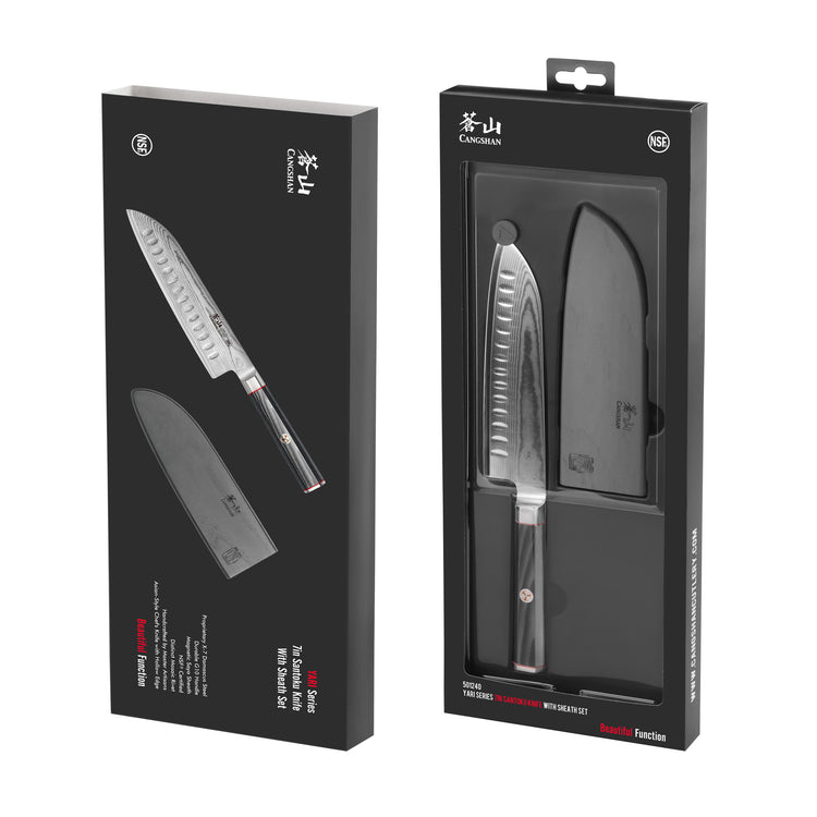 7-inch Santoku knife with black handle and protective sheath displayed in black retail packaging.