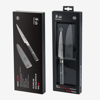 
                    
                      YARI Series 5-inch serrated utility knife with black handle and sheath in black retail packaging.
                    
                  