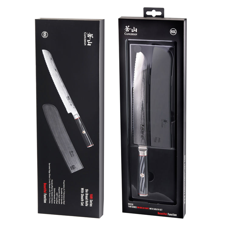 YARI Series 9-inch serrated bread knife with black handle and protective sheath in black retail packaging.