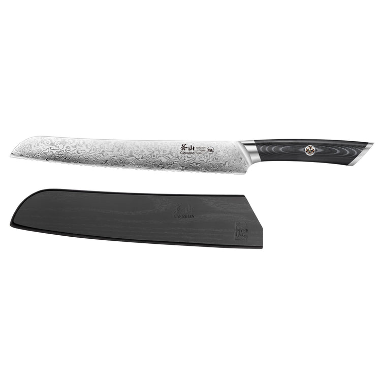 9-inch serrated bread knife with patterned blade and black ergonomic handle, shown with a black protective sheath.