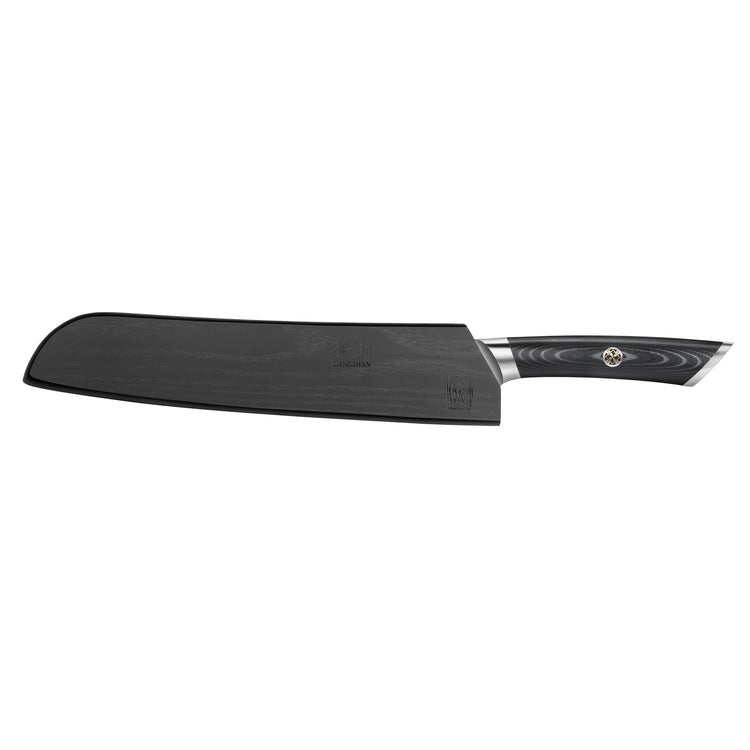 9-inch bread knife with black sheath and dark wooden handle with metal accents.