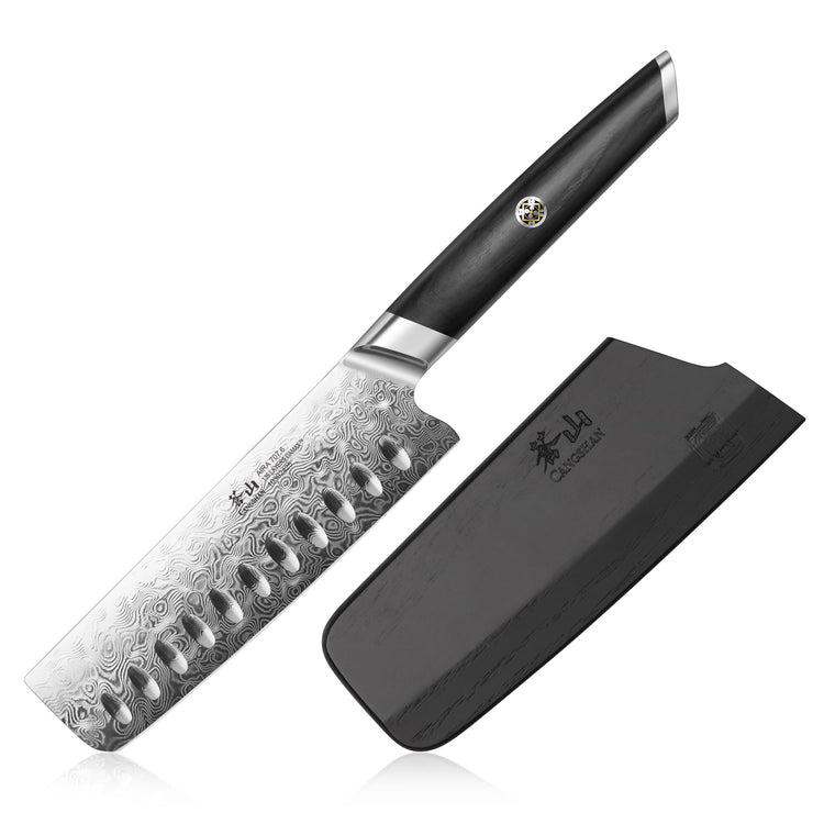 AIRA Series 5-Inch Nakiri Knife with patterned steel blade, black handle, and matching sheath.