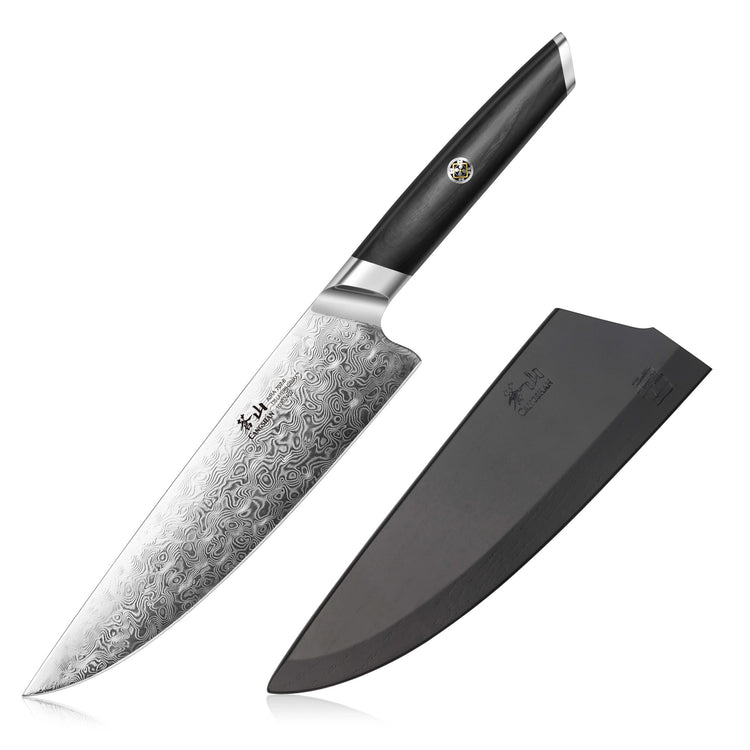 AIRA Series 8-Inch Chef’s Knife with Damax steel blade, black handle, and matching sheath.