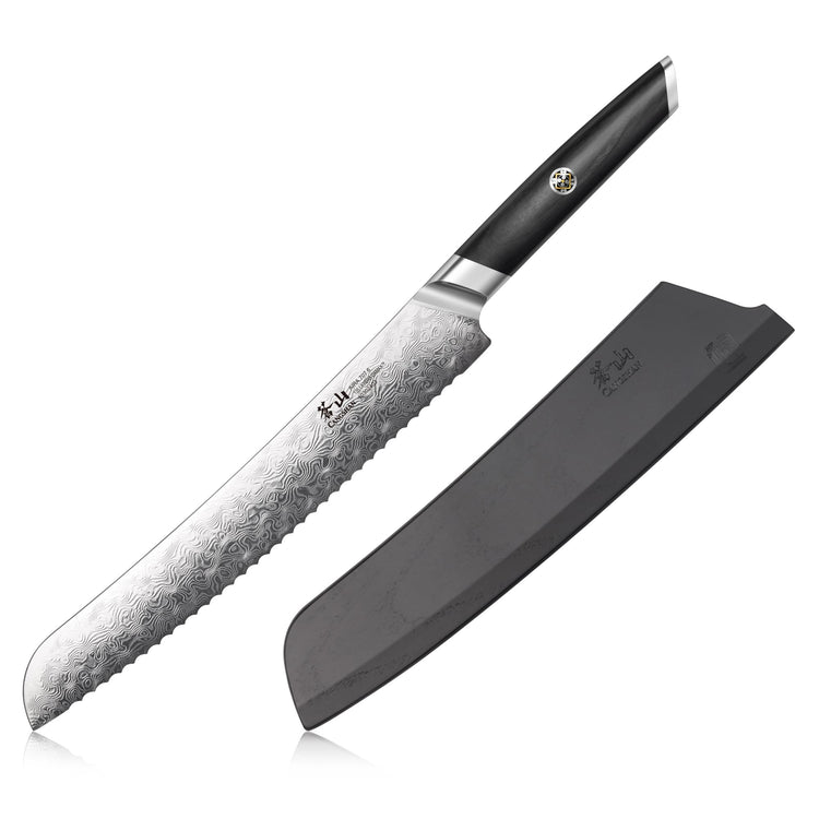 AIRA Series 9-Inch Bread Knife with 135-Layer Damax™ Steel and black sheath.
