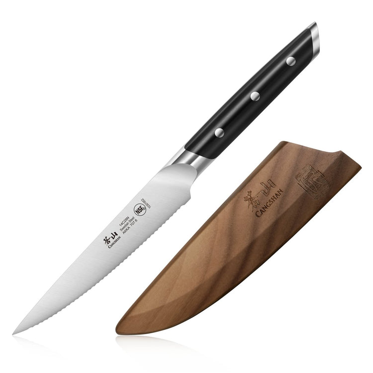 5-inch serrated utility knife with black handle and three rivets, alongside a wooden sheath with engraved logos.