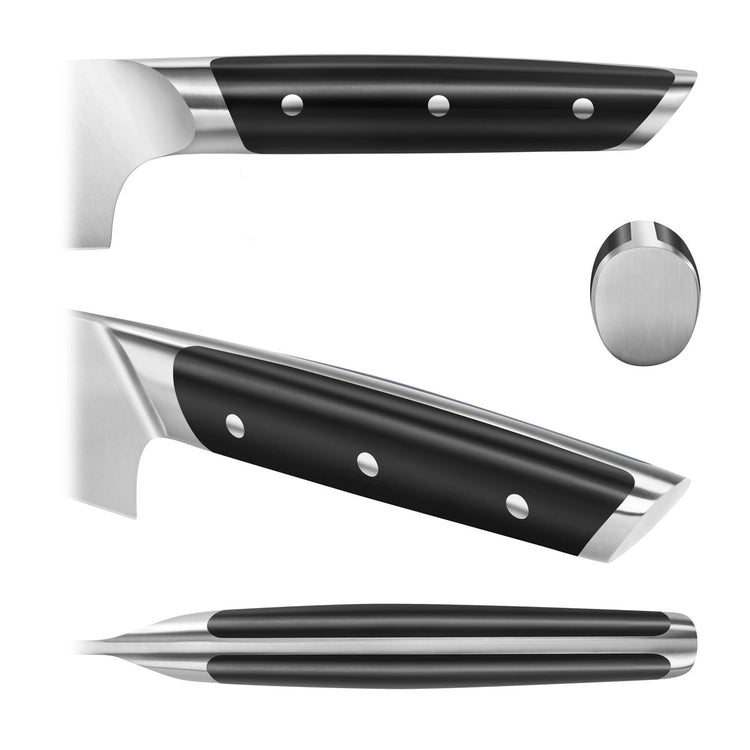 Knife handle with black grip, three metal rivets, and stainless steel bolster and end cap shown from three angles.
