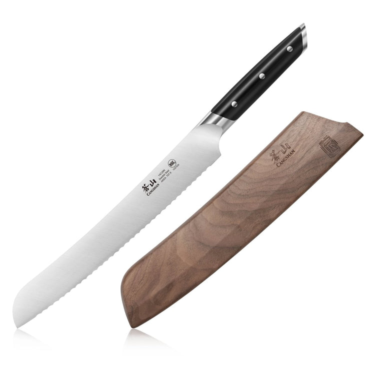 9-inch serrated bread knife with black handle and wooden sheath placed beside it on white background.