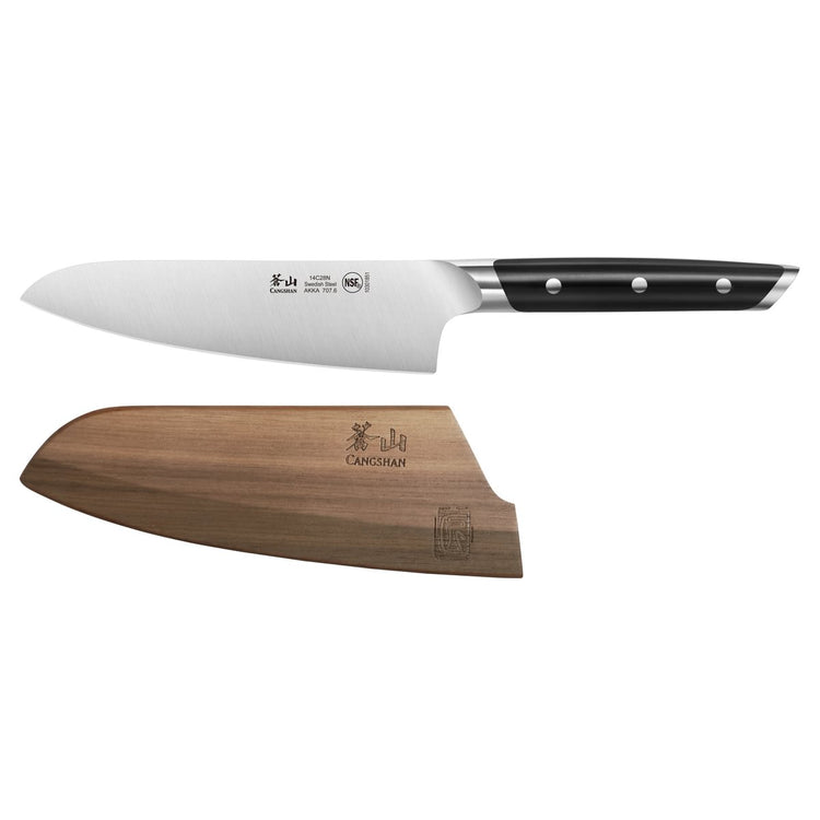 5.5-inch utility knife with black handle and wooden sheath placed below the blade.