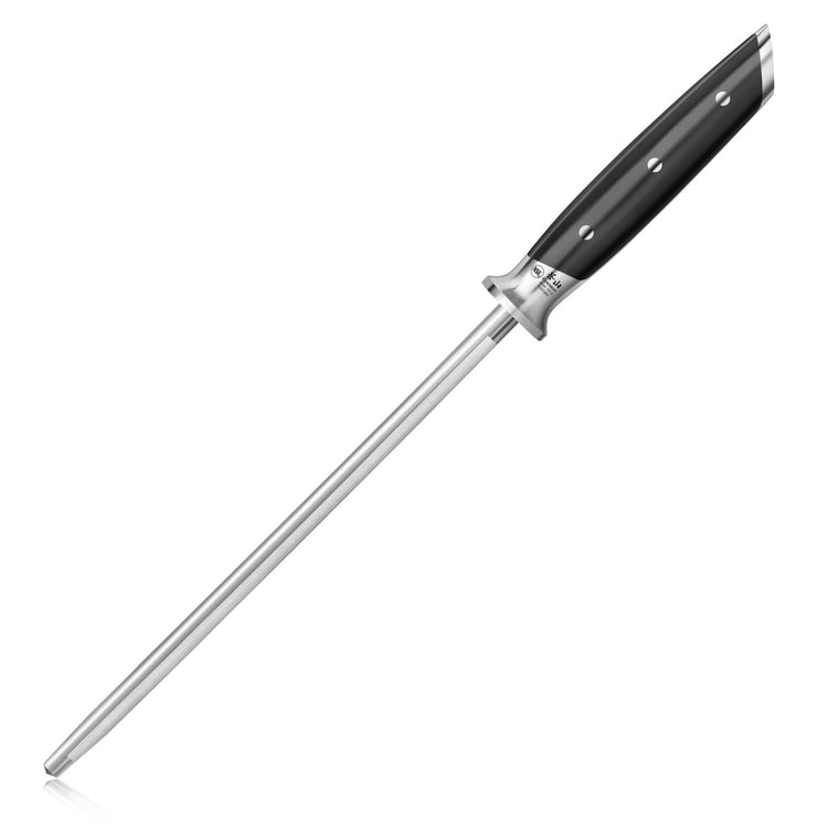 Metal honing steel with a long cylindrical rod and a black handle with three rivets.