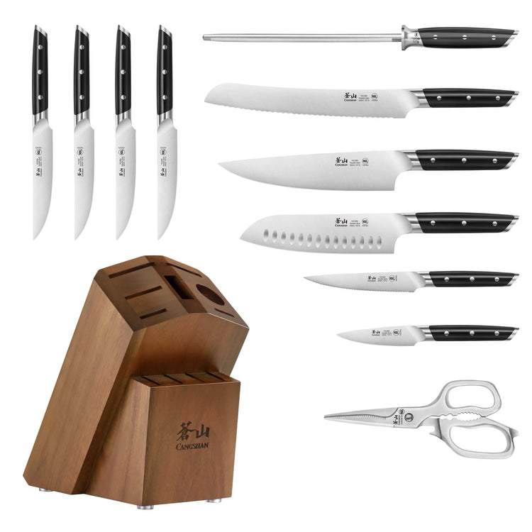 Twelve-piece knife set with various blade types, kitchen shears, and a wooden block with labeled slots.