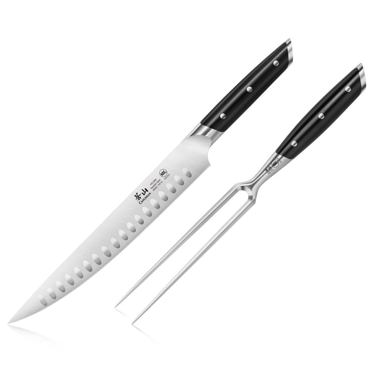 Carving knife with dimples on blade and two-prong carving fork, both with black handles and metal rivets.