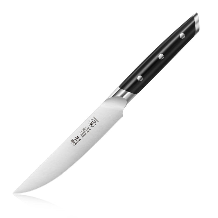 Steak knife with a stainless steel blade and black handle featuring three rivets.