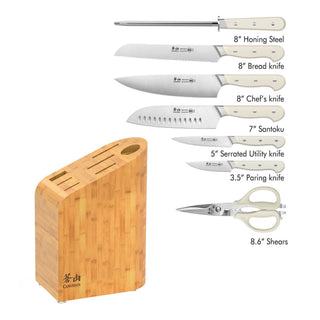 
                    
                      8-piece knife set with honing steel, bread, chef’s, Santoku, utility, paring knives, shears, and bamboo block.
                    
                  