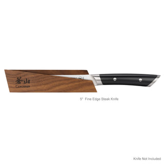 
                    
                      Ash wood magnetic knife sheath holding a 5-inch fine edge steak knife with a black handle.
                    
                  