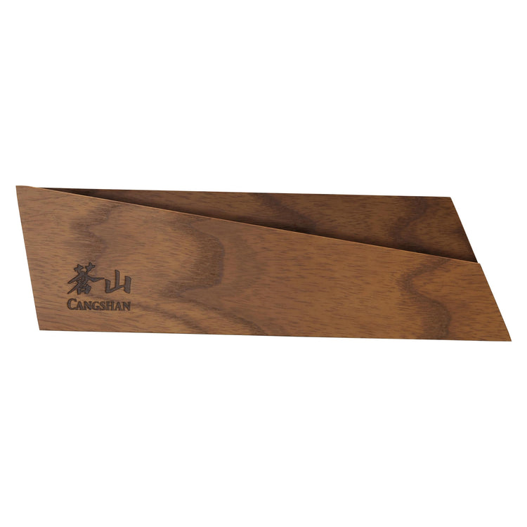 Ash wood magnetic knife sheath with angled design and engraved logo on the front.